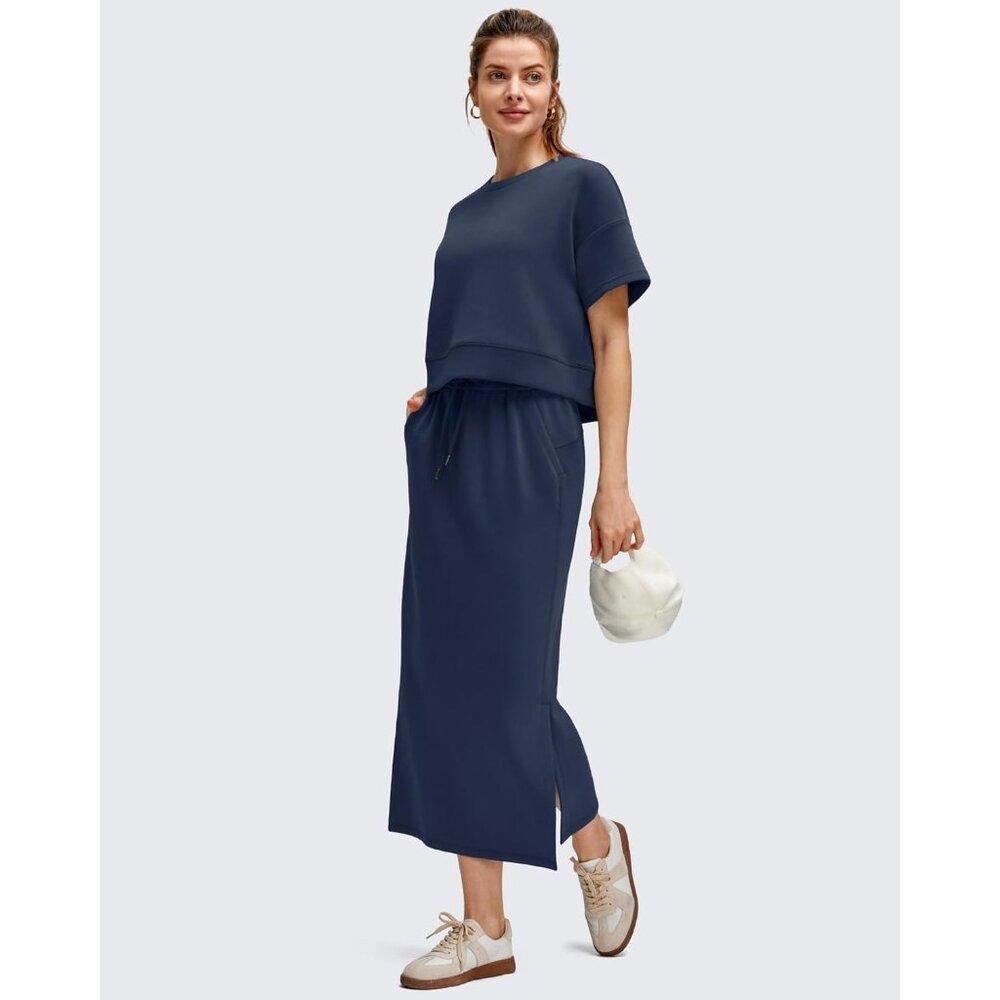 Women's Dark Blue Modal Soft Drawstring Casual Slits Lounge Pockets Maxi Skirt - Picture 6 of 6